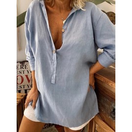 Women's Casual Loose Solid Color Long Sleeve Shirt