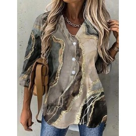 Casual Fashion Marble Print Lapel Long Sleeve Shirt