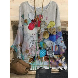 Round Neck Casual Loose Cartoon Pattern Print Long-sleeved Blouse