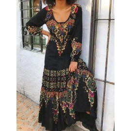 Round Neck Casual Loose Ethnic Print Long Sleeve Maxi Dress