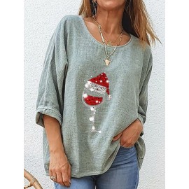 Round Neck Red Wine Glass Print Loose Long Sleeve Blouse