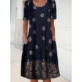 Round Neck Floral Print Loose Short Sleeve Shift Dress