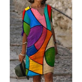 Women Chic Abstract Printed V-Neck Loose Shift Dress