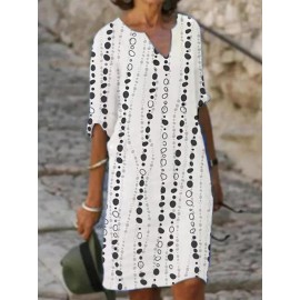 Casual Printed Mid-Sleeve V-Neck Midi Dress