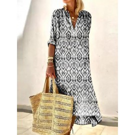 Ladies Geometric Print Casual Long-sleeved Maxi Dress