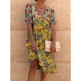 Ladies Printed V-neck High Waist Shift Dress