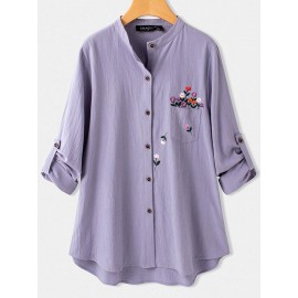 Floral Embroidered Long Sleeve Stand Collar Blouse