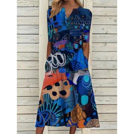 V-neck Casual Loose Print Holiday Short Sleeve Midi Dress