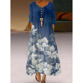 Flower Print V-neck Long Sleeve Casual Maxi Dress