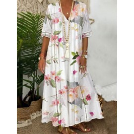 Loose Floral Print V-Neck Short Sleeve Maxi Dress