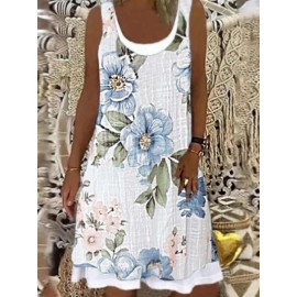 Casual Floral Print Sleeveless Crew Neck Midi Dress