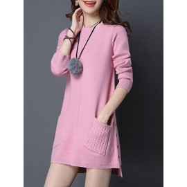 Round Neck Slit Pocket Plain Shift Dress