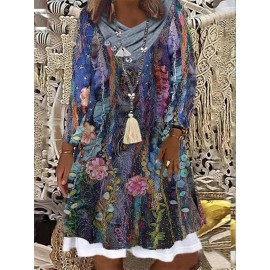 V-neck Floral Print Loose Long Sleeve Short Dress