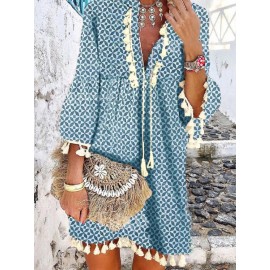 Printed Ruffled V-neck Dress