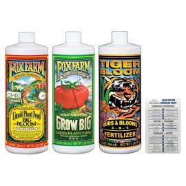 Fox Farm Fertilizer Soil Trio Liquid Nutrient: Tiger Bloom, Grow Big, Big Bloom Quart Bottles + Twin Canaries Chart (Pack of 3-32 oz)