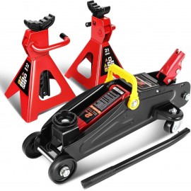 DNA MOTORING TOOLS-00280 Low Profile Hydraulic Trolley Service/Floor Jack Combo with 2 Ratchet Jack Stands, 2 Ton (4000 lbs) Capacity