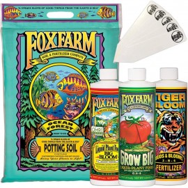 Fox Farm Starter Bundle | Big Bloom, Grow Big, Tiger Bloom (Pack of 3-16 oz. Bottles) | 12 Quart Ocean Forest Garden Potting Soil Bag | The Hydroponic City Stakes