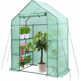 Greenhouse, Hanience Walk-in Greenhouse with Anchors and Ropes, 3 Tier 4 Wired Shelves Indoor and Outdoor Greenhouse for Garden/Patio/Backyard/Balcony, Green PE Cover Easy to Assemble